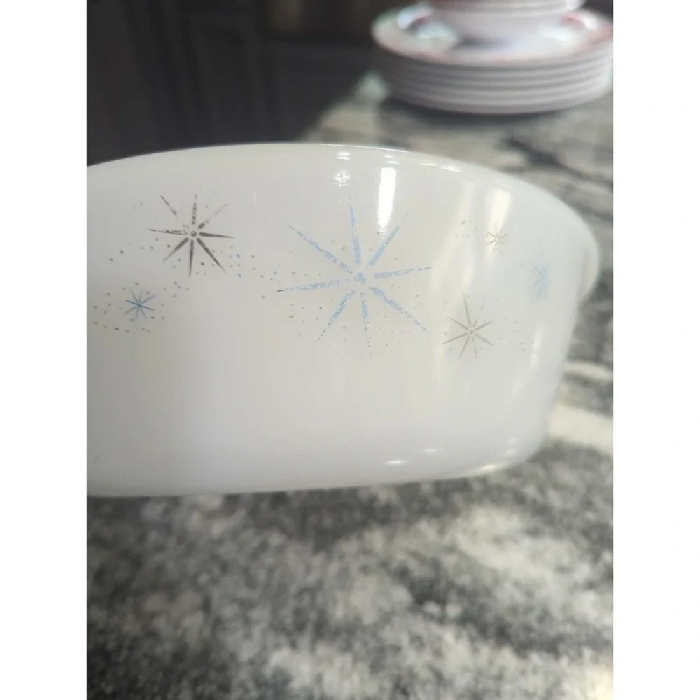 Vintage Mid Century Modern Milkglass Atomic Starburst Glasbake 1960s Blue Silver